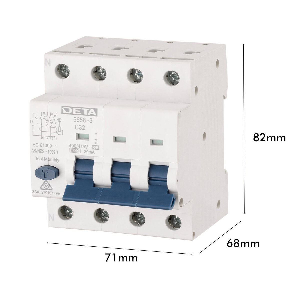 Deta 32A 3-Phase RCBO, 6kA 30mA