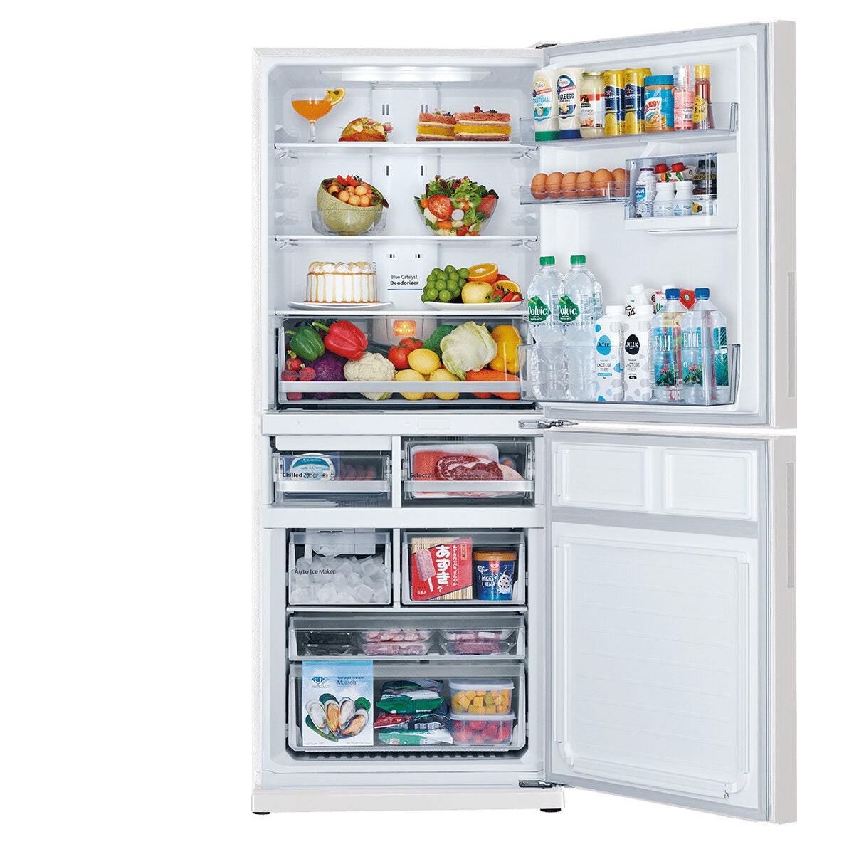 Mitsubishi Electric 421L Bottom Mount Fridge - White Glass, Ice Maker, Select Zone - MR-HGS421EX-GWH-A