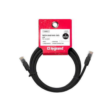 Legrand Cat6 RJ45 UTP Patch Lead 2m Black Snagless Network Cable