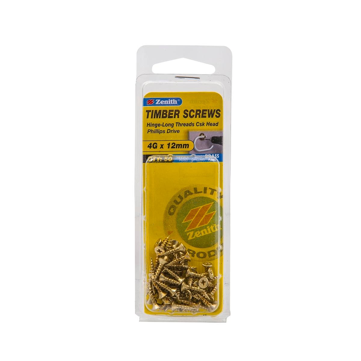Zenith 4G x 12mm Brass Plated Hinge-Long Thread Countersunk Timber Screws, 50 Pack