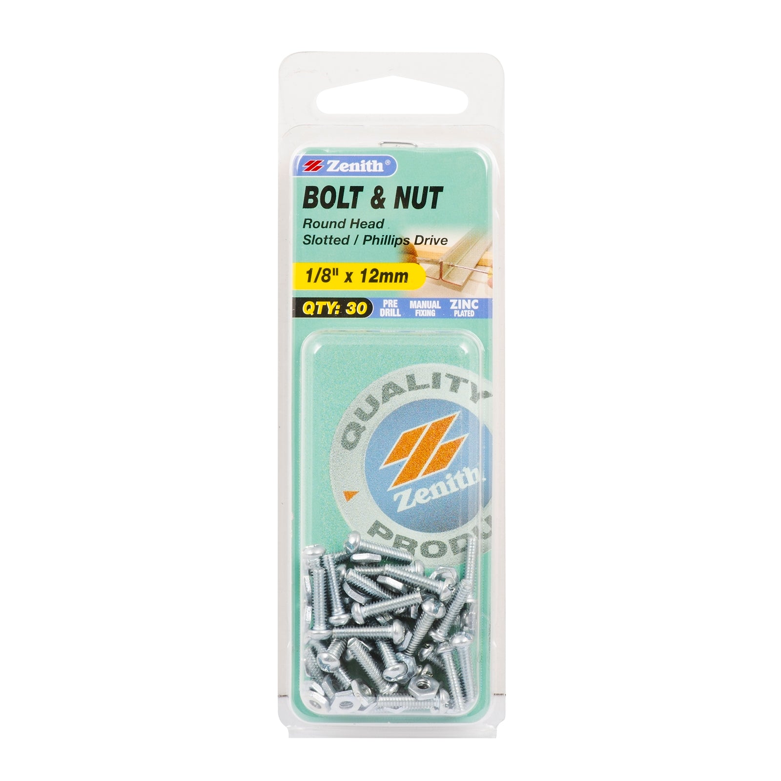 Zenith 1/8" x 12mm Zinc Plated Round Head Bolt and Nut - Steel, 30 Pack
