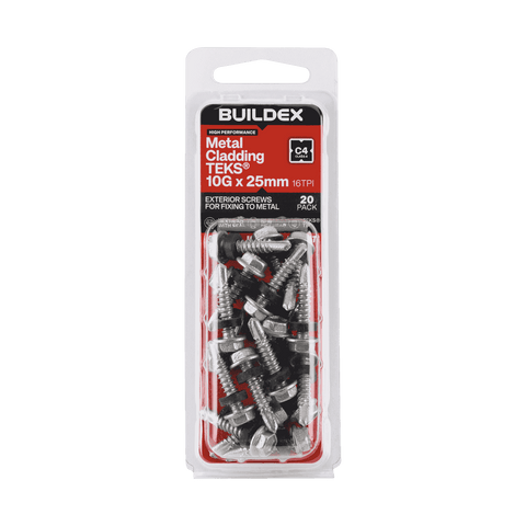 Buildex 10G x 25mm Class 4 Metal Cladding TEKS Screws with Seal, Hex Head - 20 Pack