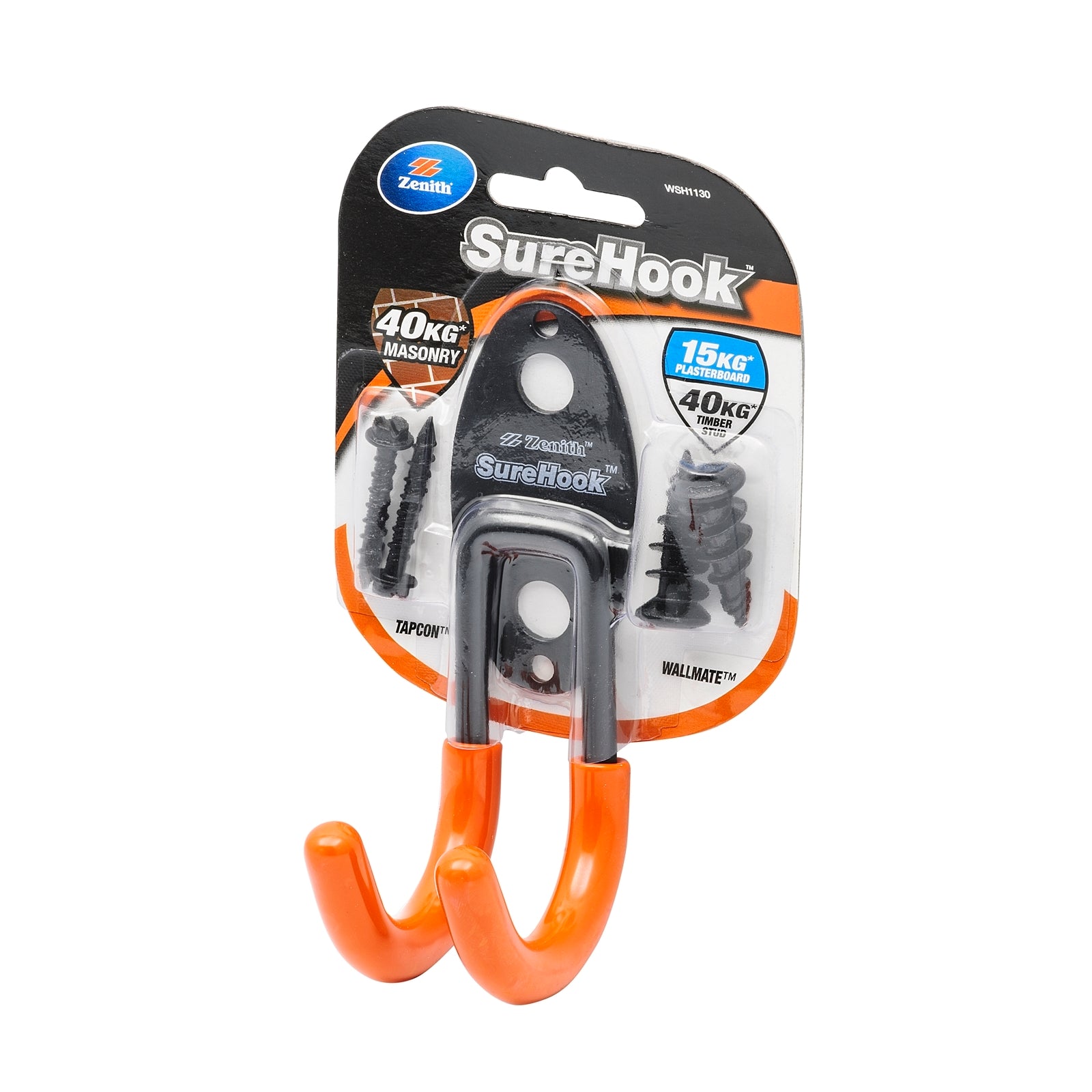Zenith SureHook 15/40kg Black Small Garage J Hook - Carbon Steel, Rubberised Coating