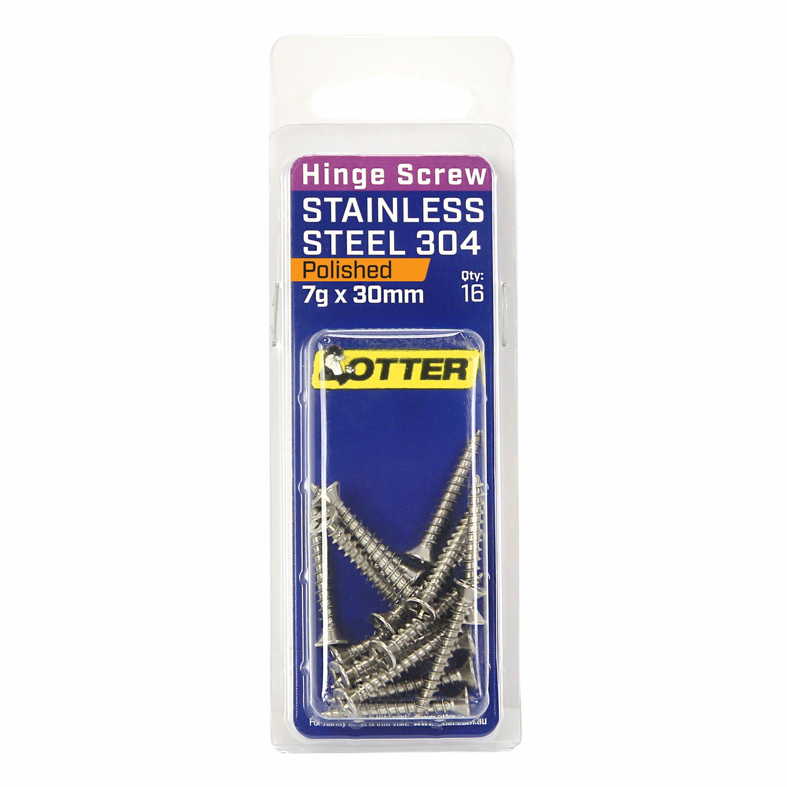 Otter 7 x 30mm Polished Stainless Steel 304 Hinge Screws 16 Pack Countersunk