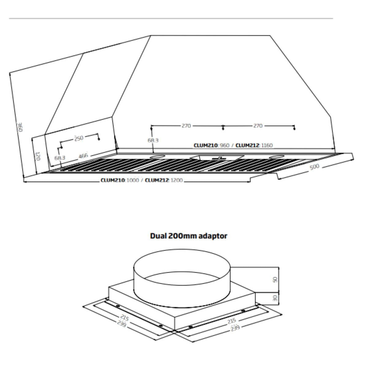 Schweigen 1160mm Undermount BBQ Rangehood - 2500m³/h Extraction, Stainless Steel, LED Lighting - CLUM212
