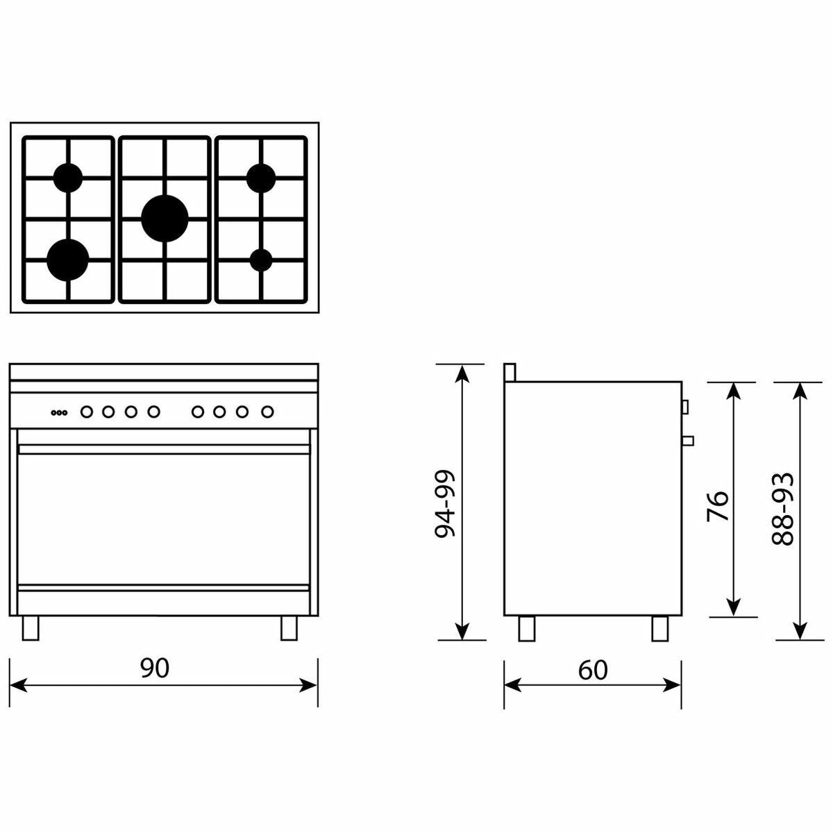 Glem Gas 90cm Gas Oven and Cooktop Freestanding Cooker 140L - Electric Grill, Wok Burner - GB965GG
