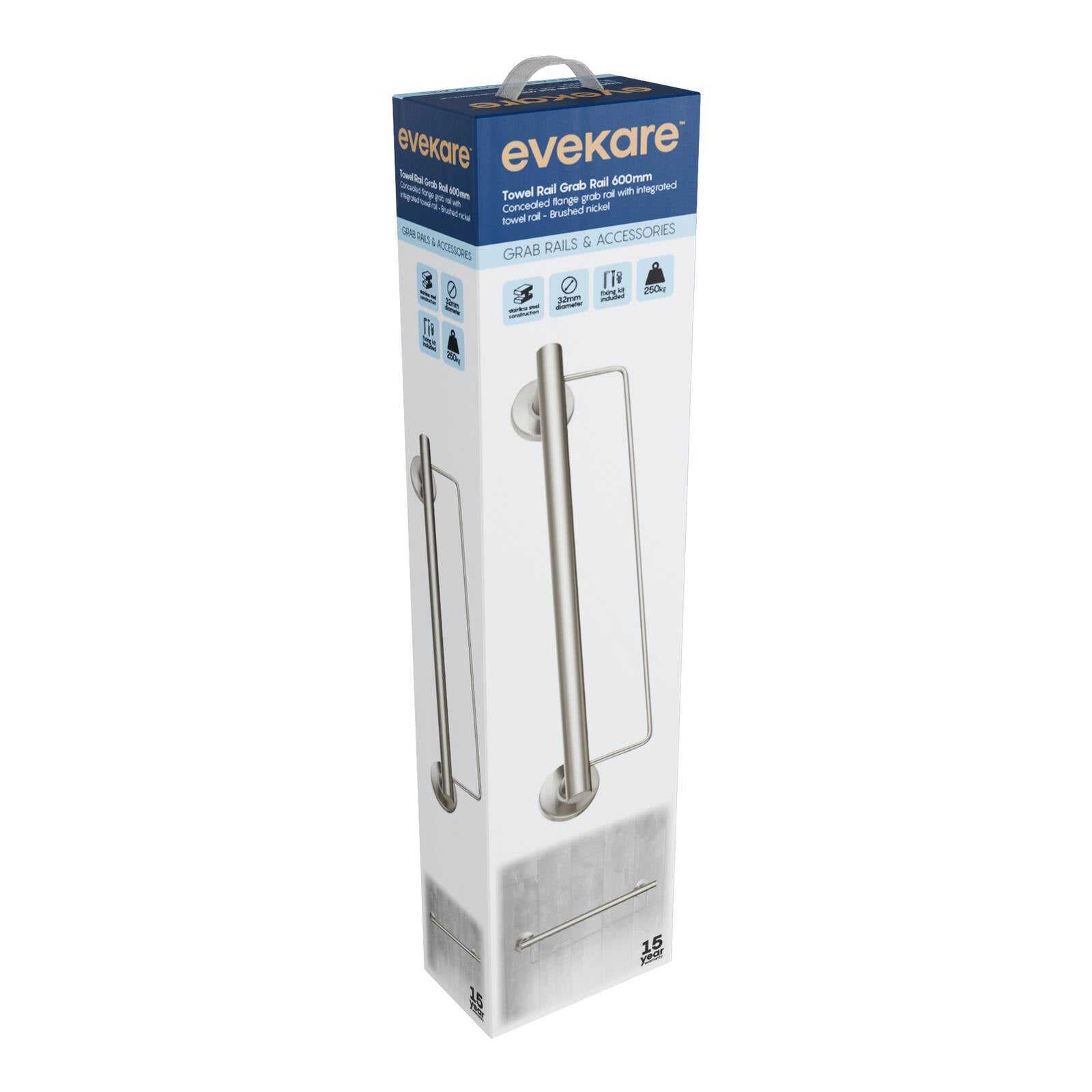 evekare 600mm Brushed Nickel Towel Rail with Grab Rail Grade 304 Stainless Steel