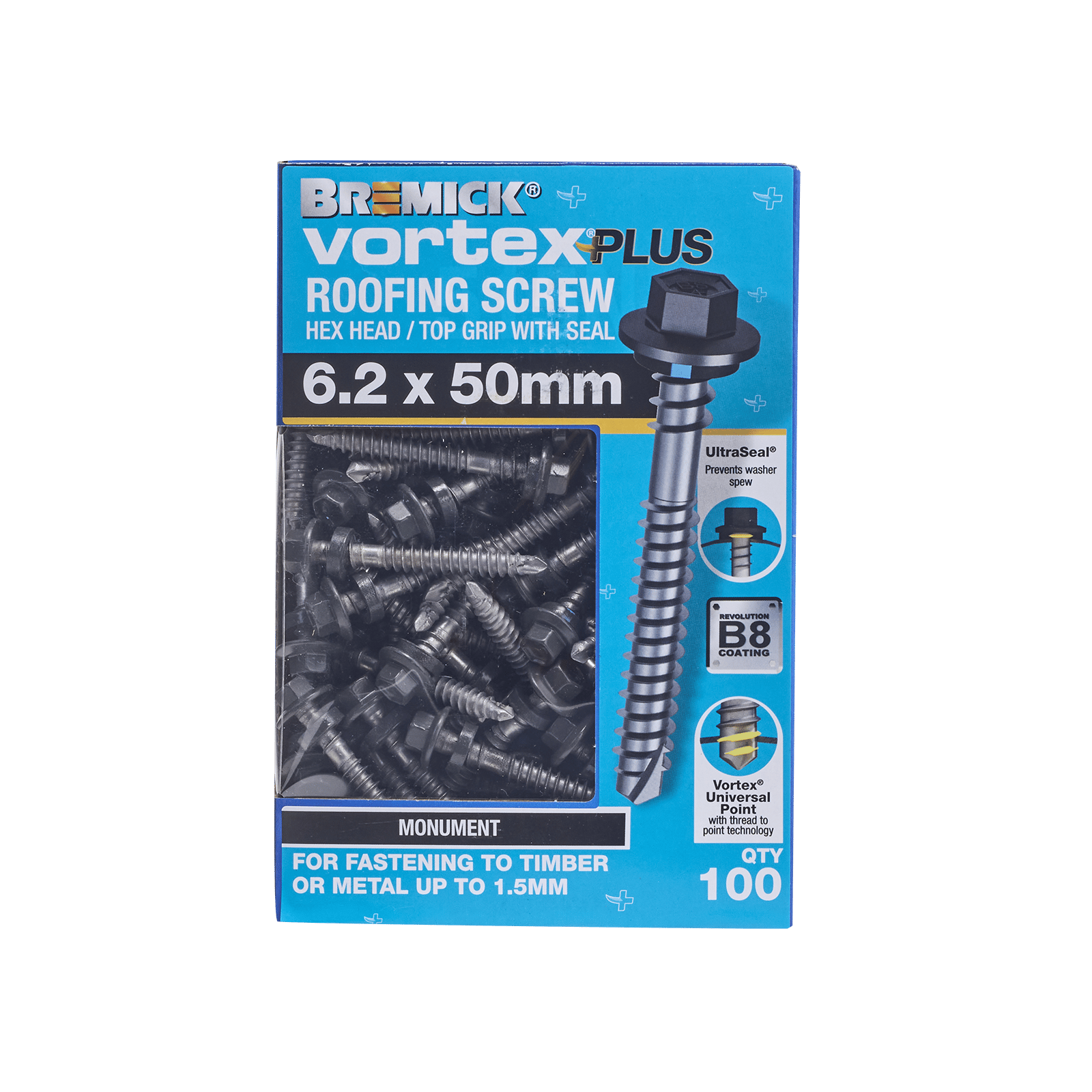 Bremick 6.2 x 50mm Vortex Plus Roofing Screw with Seal, Monument Hex Head - 100 Box