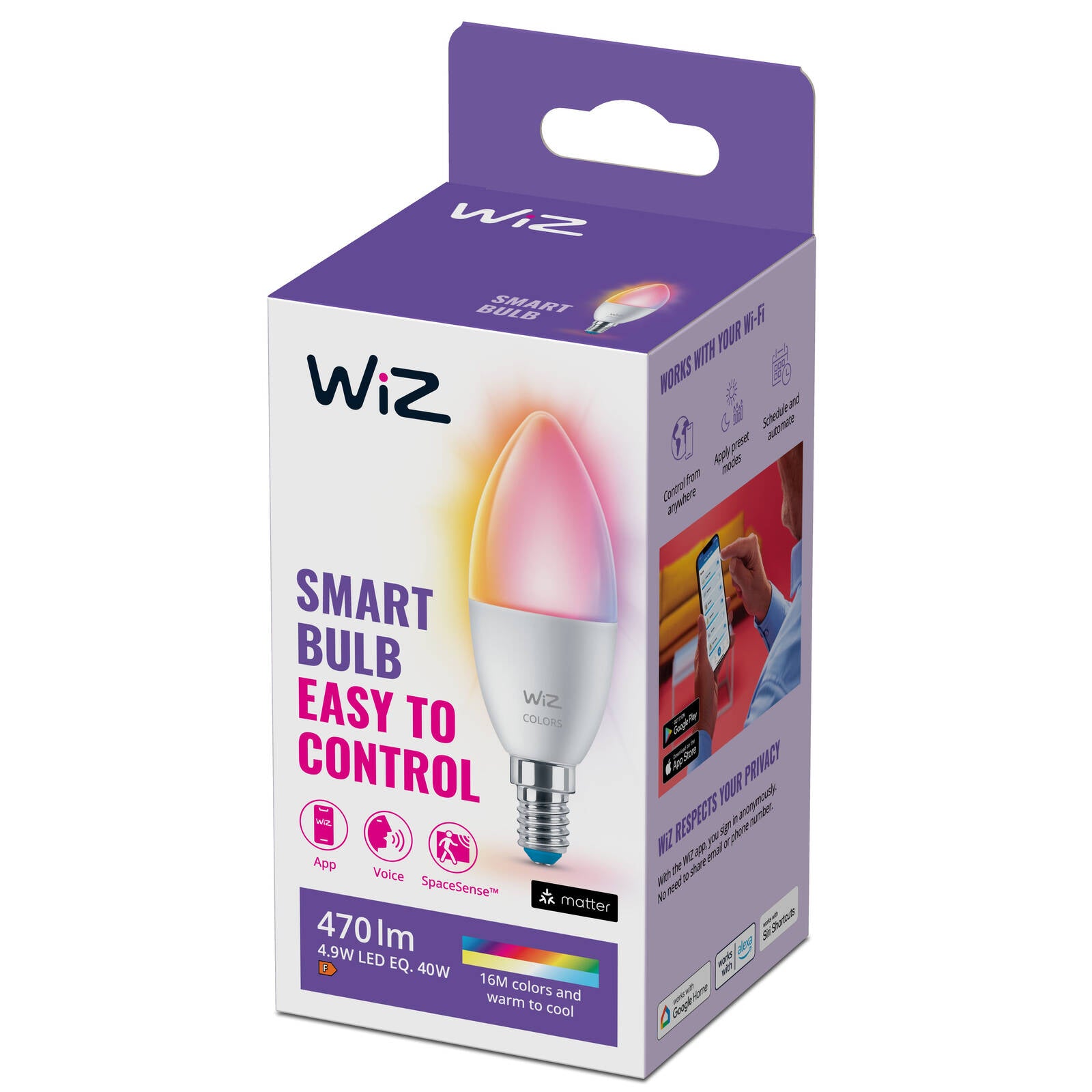 WiZ P45 E14 LED 4.9W 470lm Colour Smart Candle Globe 929002448802