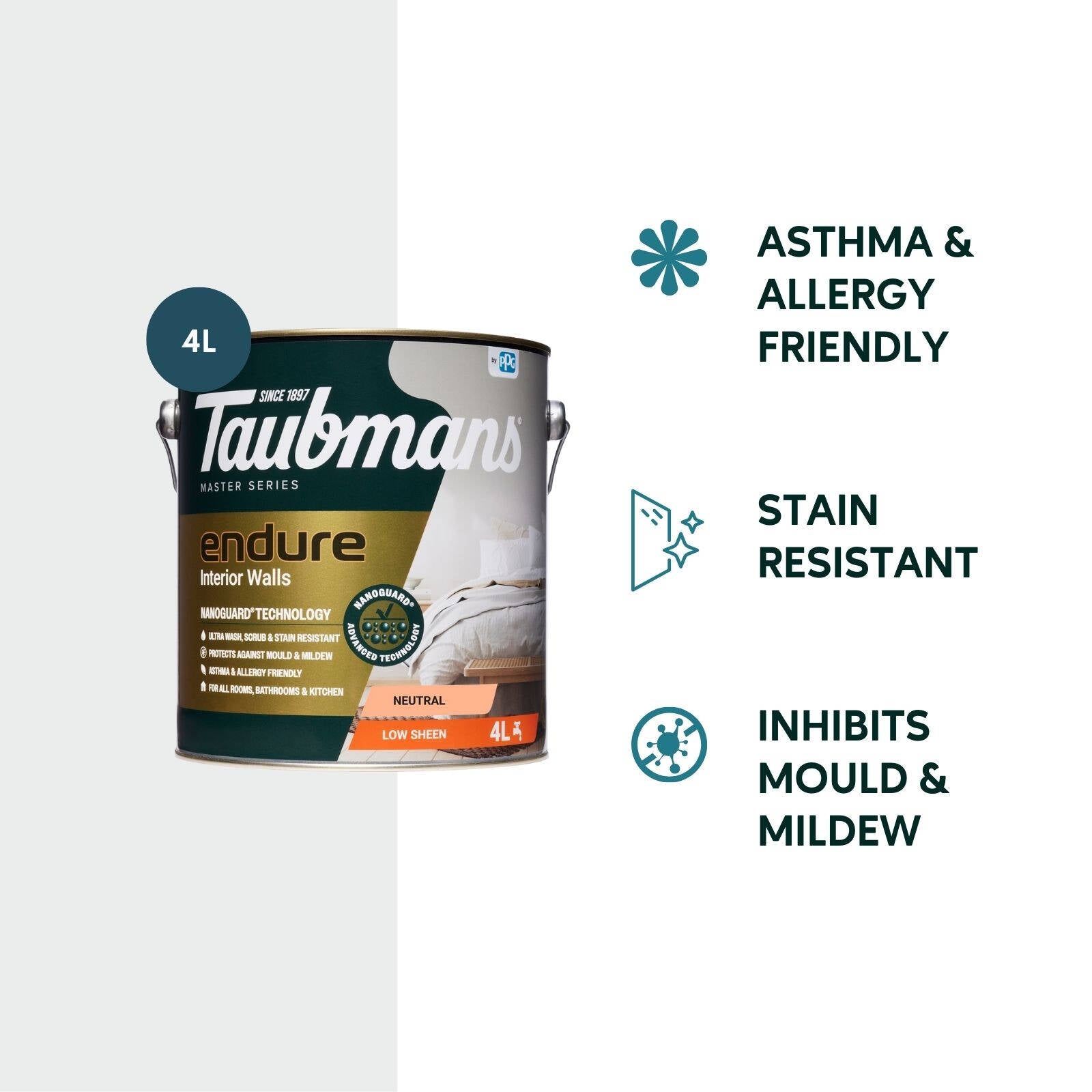TAUBMANS Endure 4L Neutral Low Sheen Interior Walls Paint Water Based UV Resistant