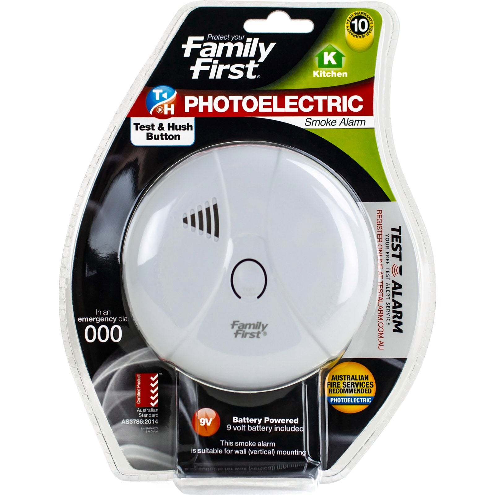 Family First 9V Photoelectric Smoke Alarm with Test and Hush Button FFPDCH