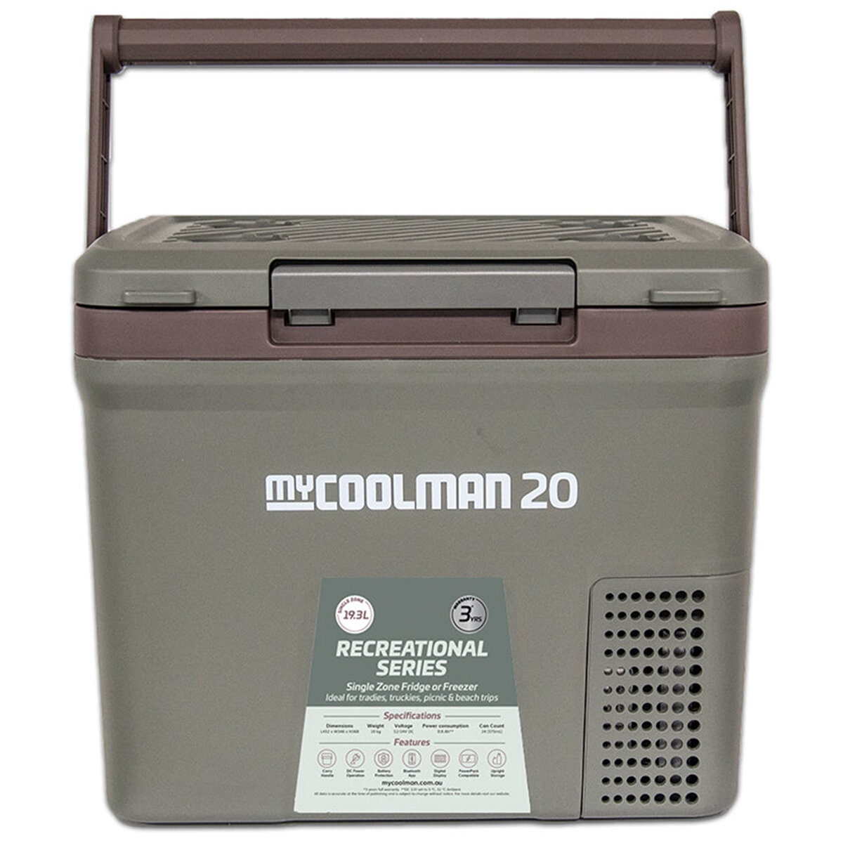myCOOLMAN Recreation Series portable fridge - Khaki brown with black trim - Bluetooth app - CCP20
