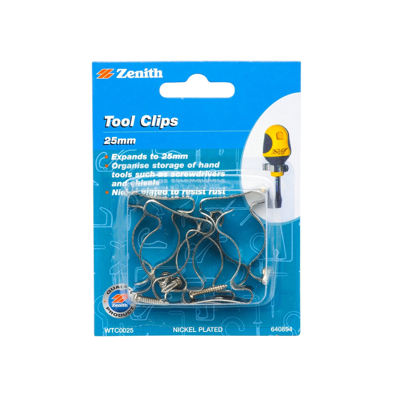 Zenith 25mm Nickel-Plated Steel Tool Clips, 5 Pack, Wall Storage
