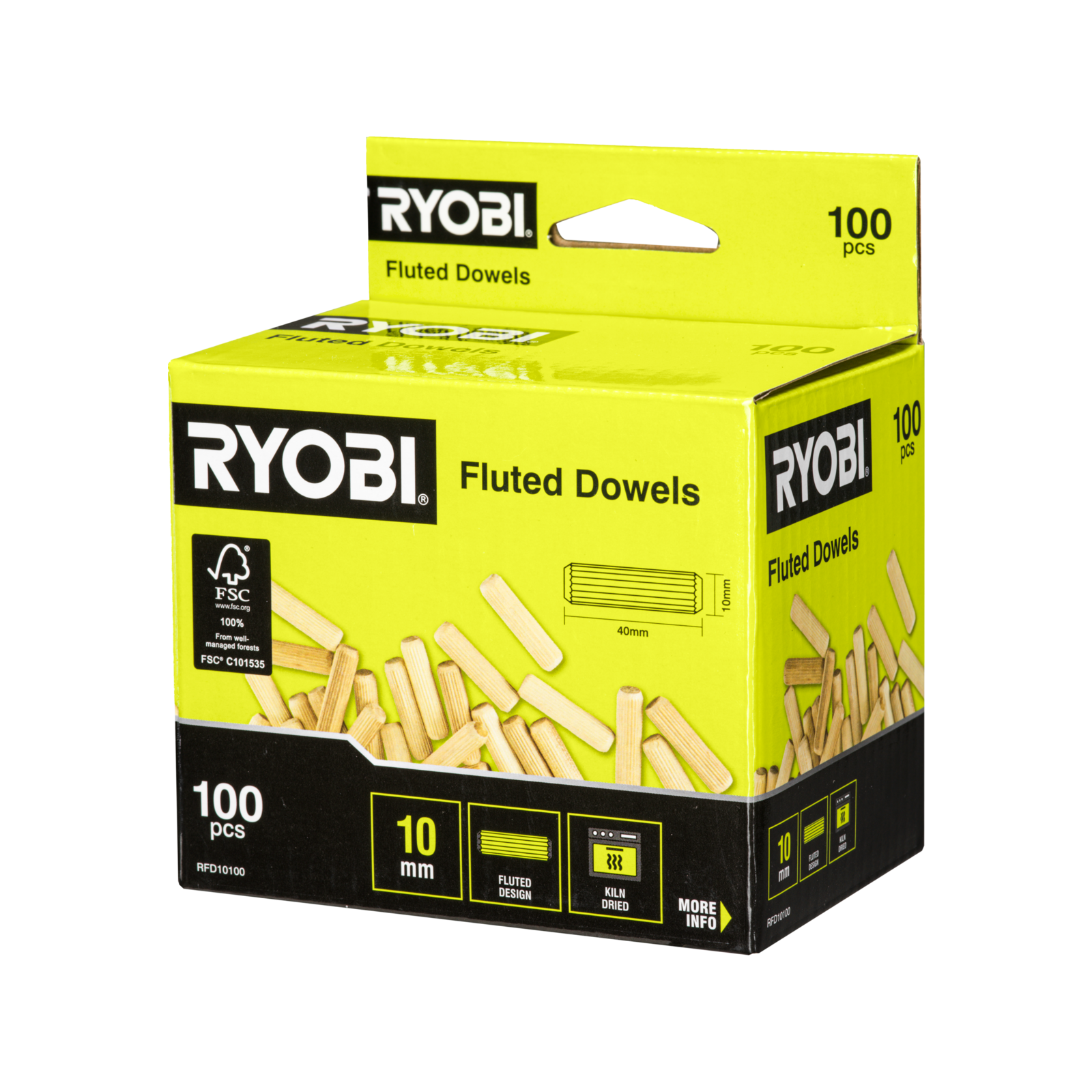 Ryobi 10mm Fluted Dowels - 100 Pack Kiln-Dried for Strong Timber Joints