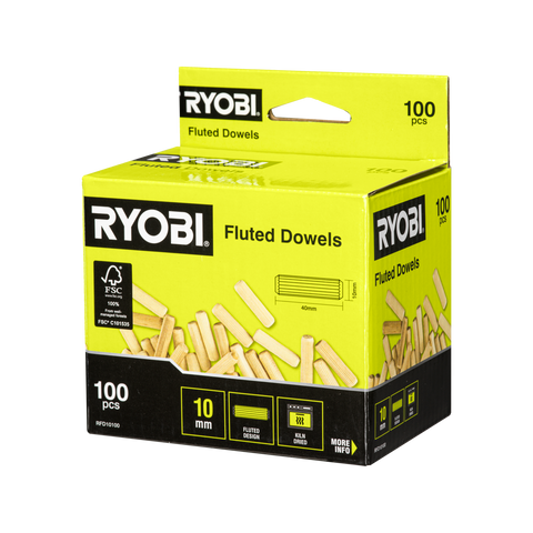 Ryobi 10mm Fluted Dowels - 100 Pack Kiln-Dried for Strong Timber Joints