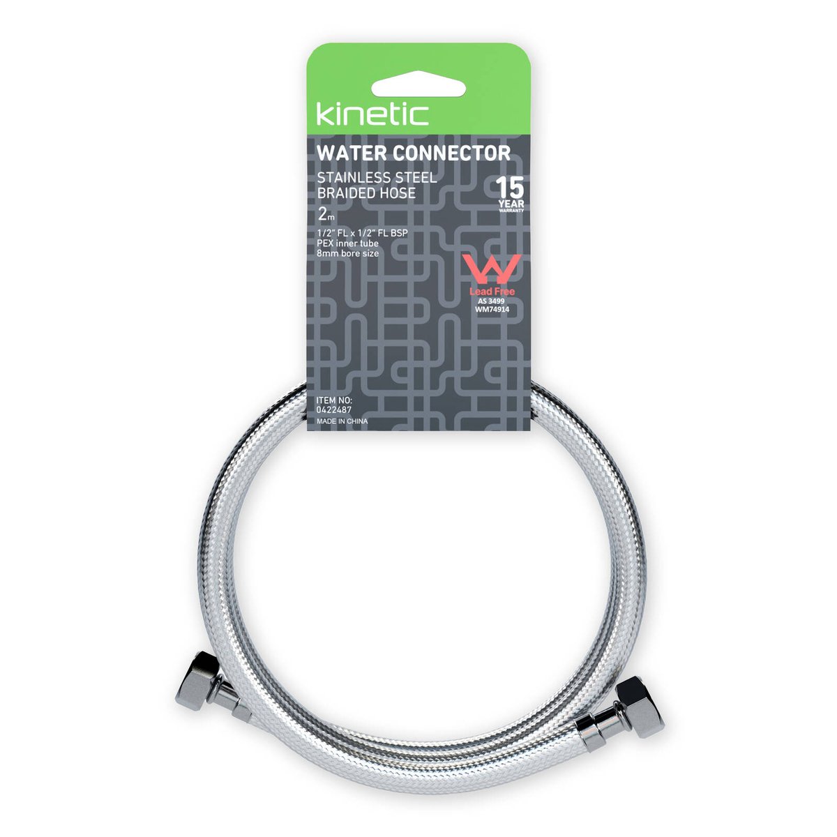 Kinetic 2000mm Stainless Steel Flexible Braided Water Connector 500kPa