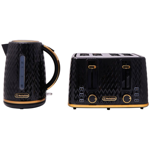 Westinghouse Kettle and Toaster Pack - 1.7L Kettle - 4 Slice Toaster - Black with Gold Trim - WHKTPK13KG
