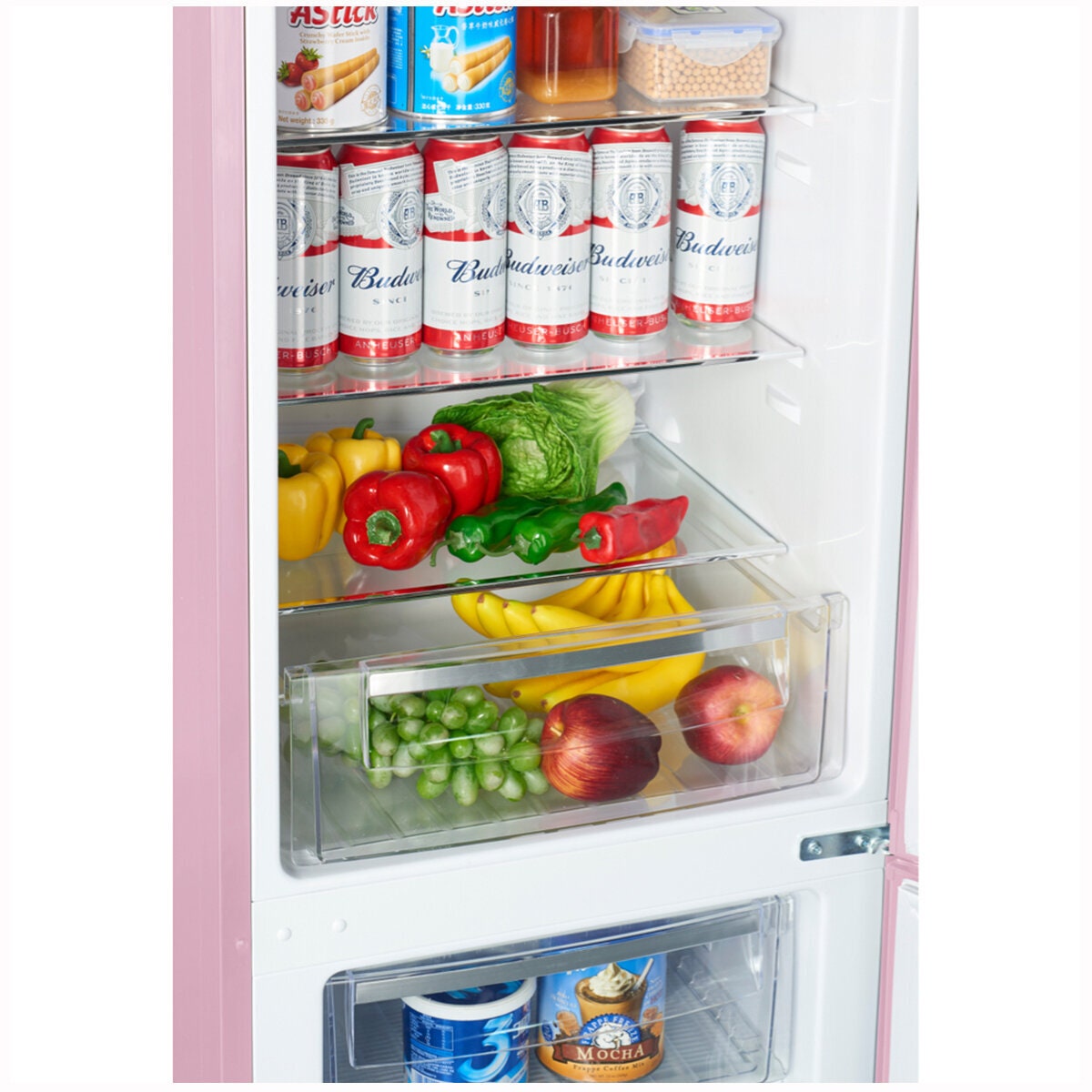 Linarie Annecy 242L Retro Bottom Mount Fridge - Pink, Silver Trim Details, Manual Defrost - LKCO250PINK