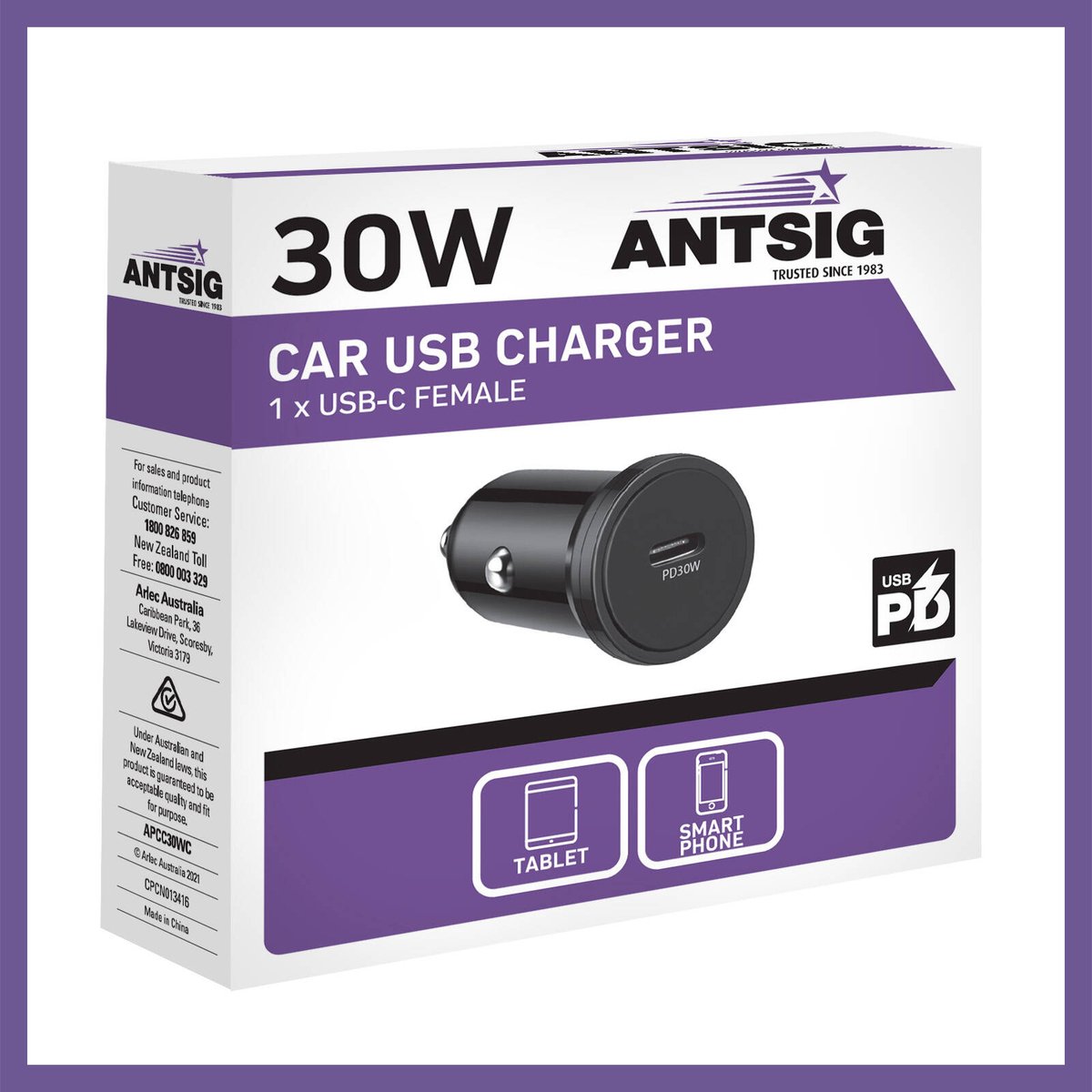Antsig 30W USB-C Car Charger - Fast Charging - Durable Polycarbonate - 25mm x 70mm - SuperSaverAU - view 3