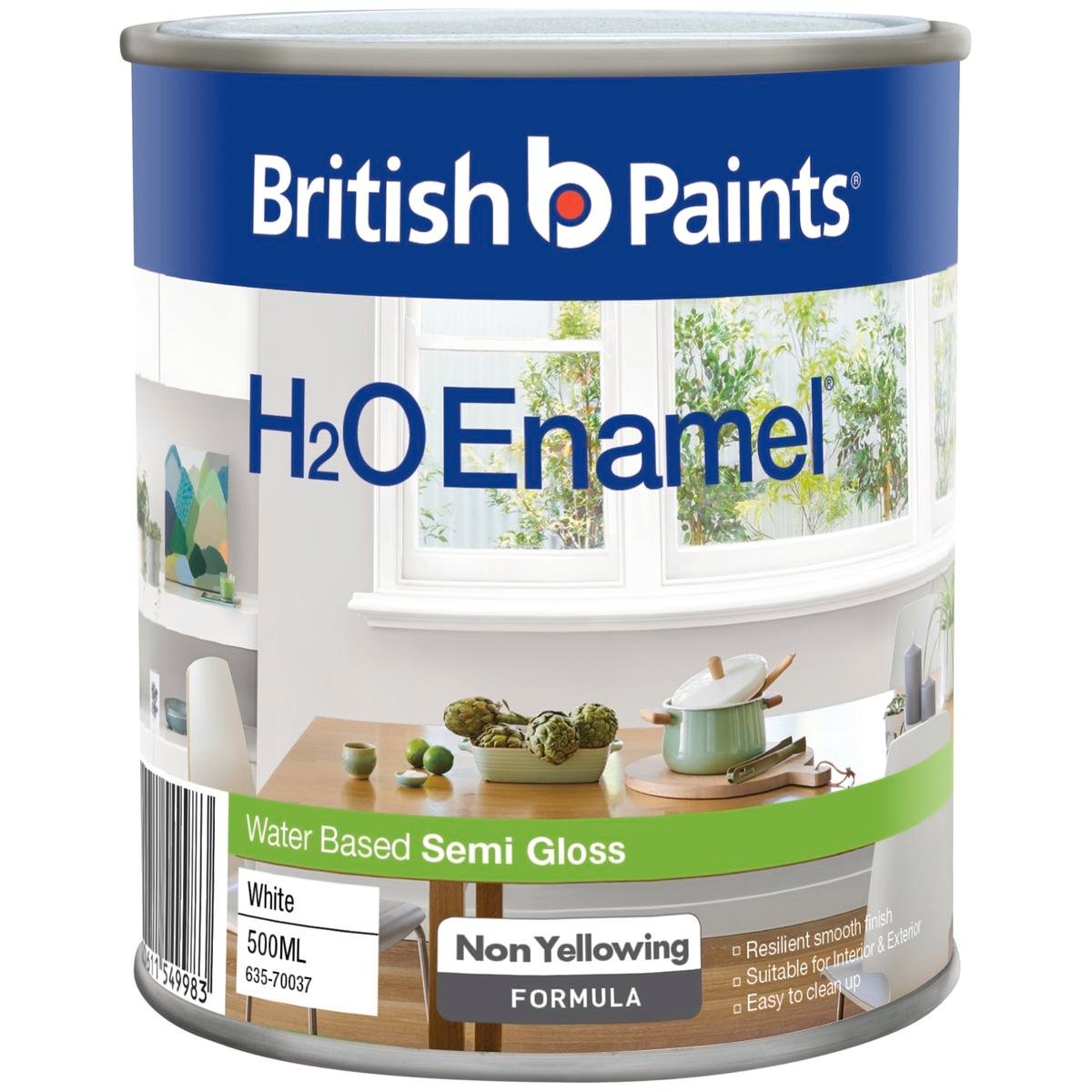British Paints White Semi Gloss H2O Enamel Paint 500ml - Water Based, UV Resistant