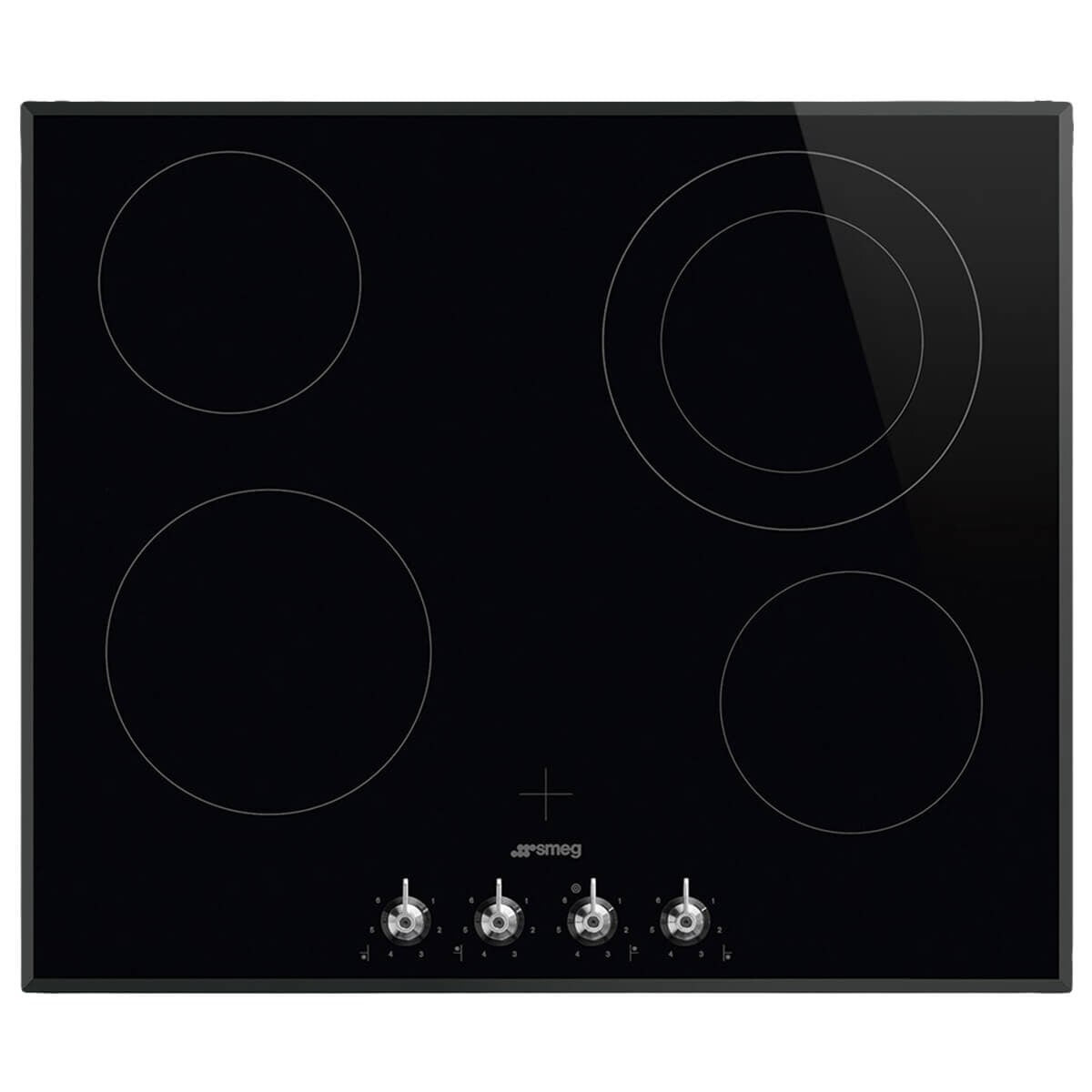 Smeg 60cm Classic Ceramic Cooktop - Black Glass, 4 Zones, Front Steel-Effect Knobs, Angled Edge - SE364ETBM