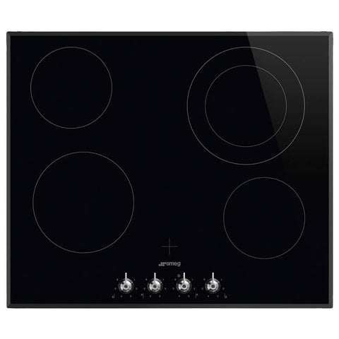 Smeg 60cm Classic Ceramic Cooktop - Black Glass, 4 Zones, Front Steel-Effect Knobs, Angled Edge - SE364ETBM