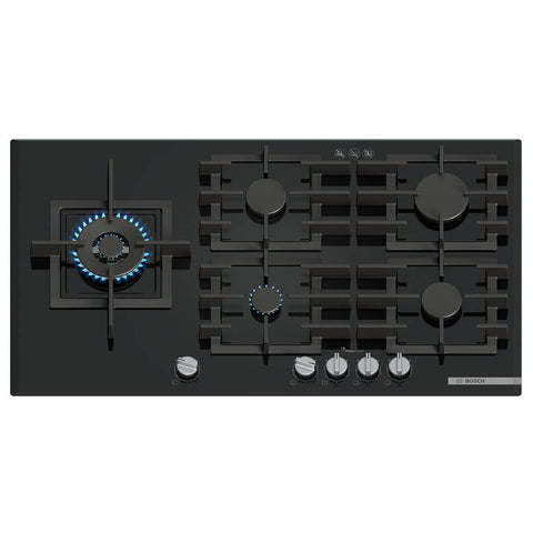 Bosch 90cm Series 6 Gas Cooktop - Black Tempered Glass, Five Burners, FlameSelect, Wok Burner - PPM9A6I40A