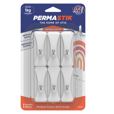 Permastik Medium Cosmo Wire Hooks - 6 Pack White Plastic Self-Adhesive