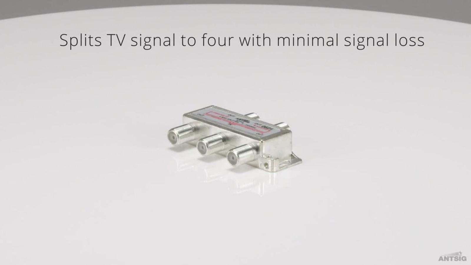 Antsig 4 Way Splitter with F-Connector Outlets - Zinc/Aluminium, Power Pass Indoor
