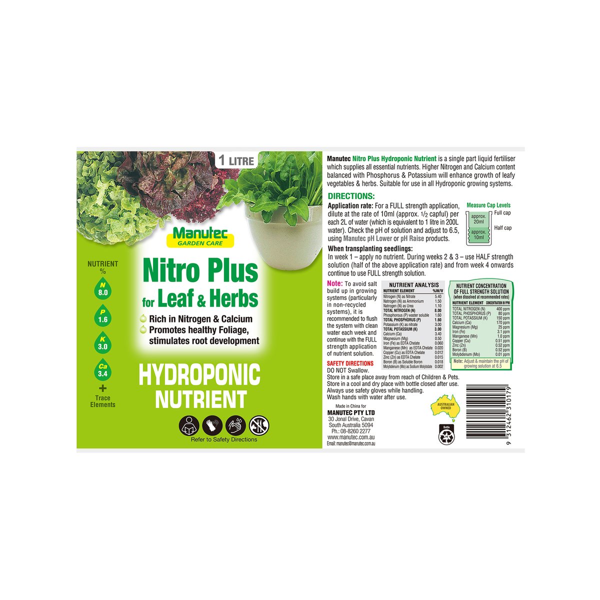 Manutec 1L Hydroponic Nitro Plus Liquid Fertiliser For Leaf And Herb