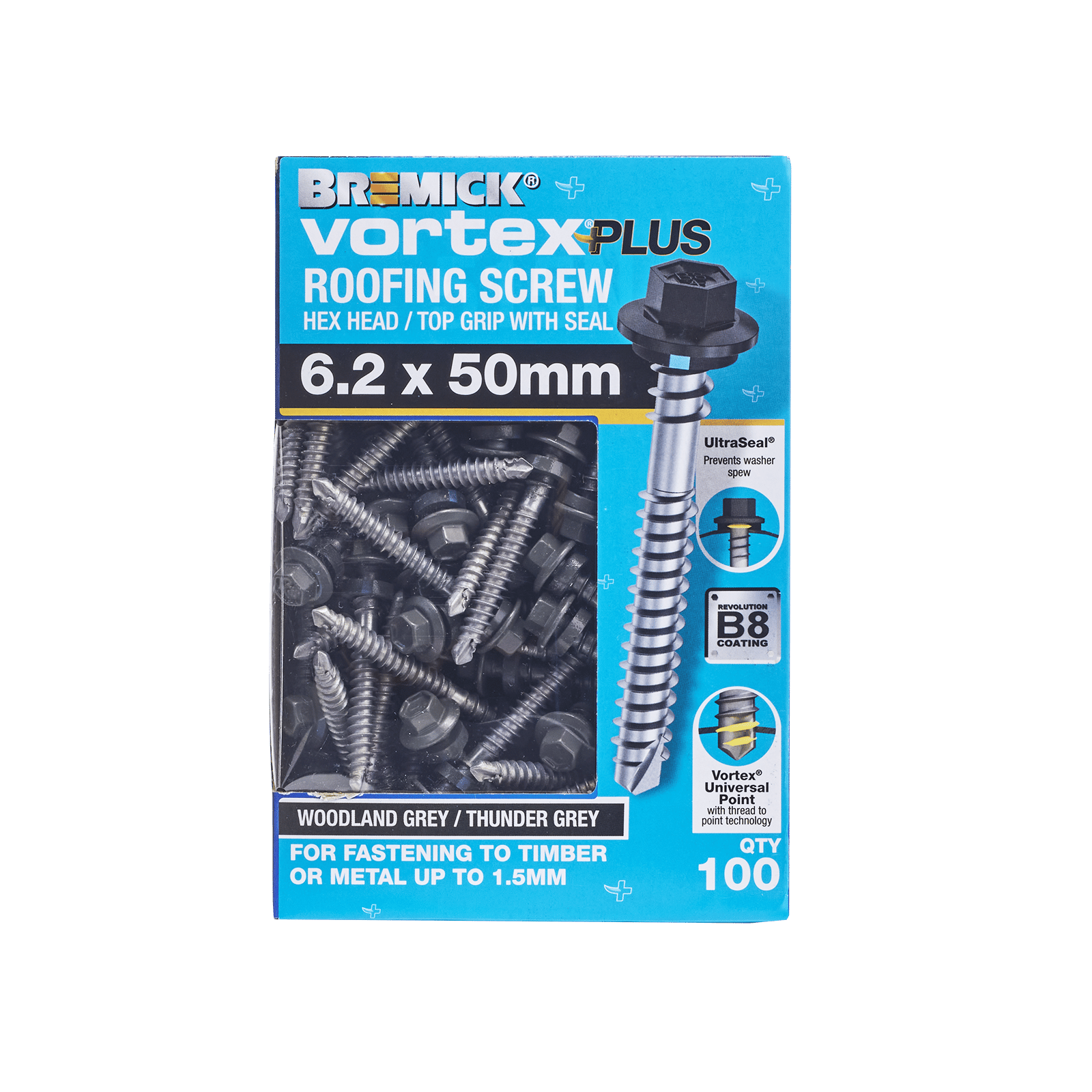 Bremick Vortex Plus 6.2 x 50mm B8 Hex Roofing Screw Woodland Grey - Box 100