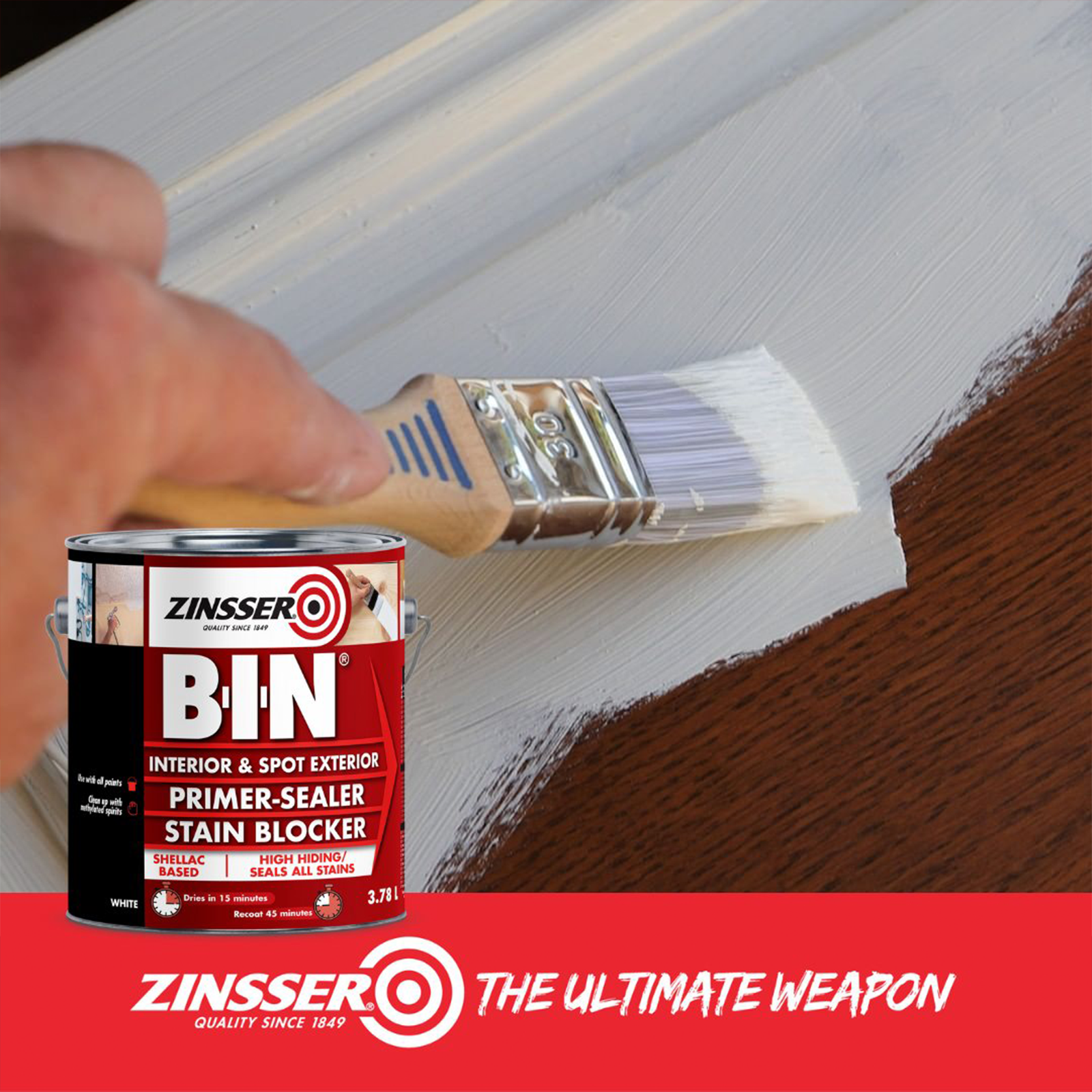 Zinsser B-I-N Primer Sealer Stain Blocker 946ml - White Shellac Based Brush & Roller