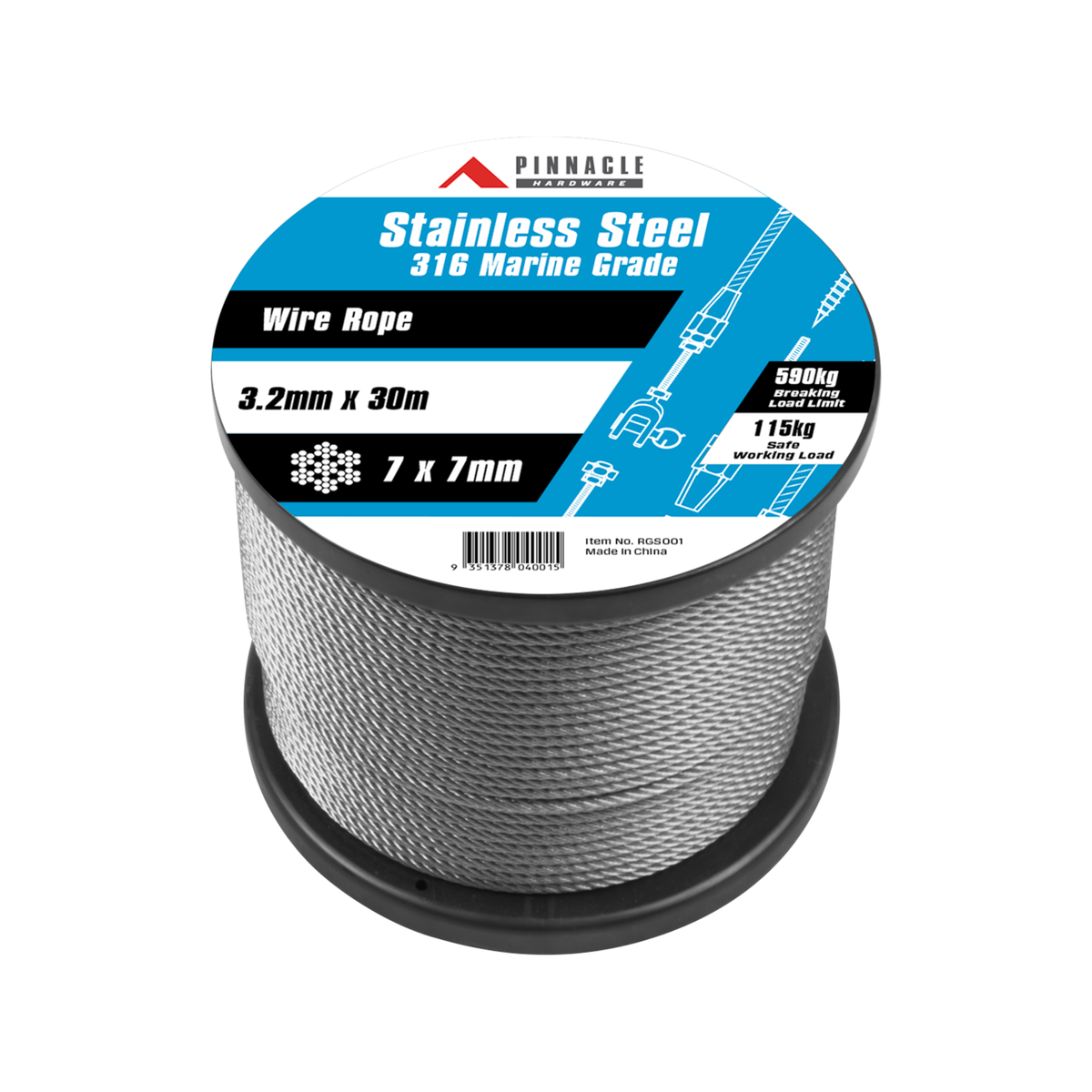 Pinnacle 3.2mm x 30m 316 Marine Grade Stainless Steel Wire Rope, 7x7 Construction