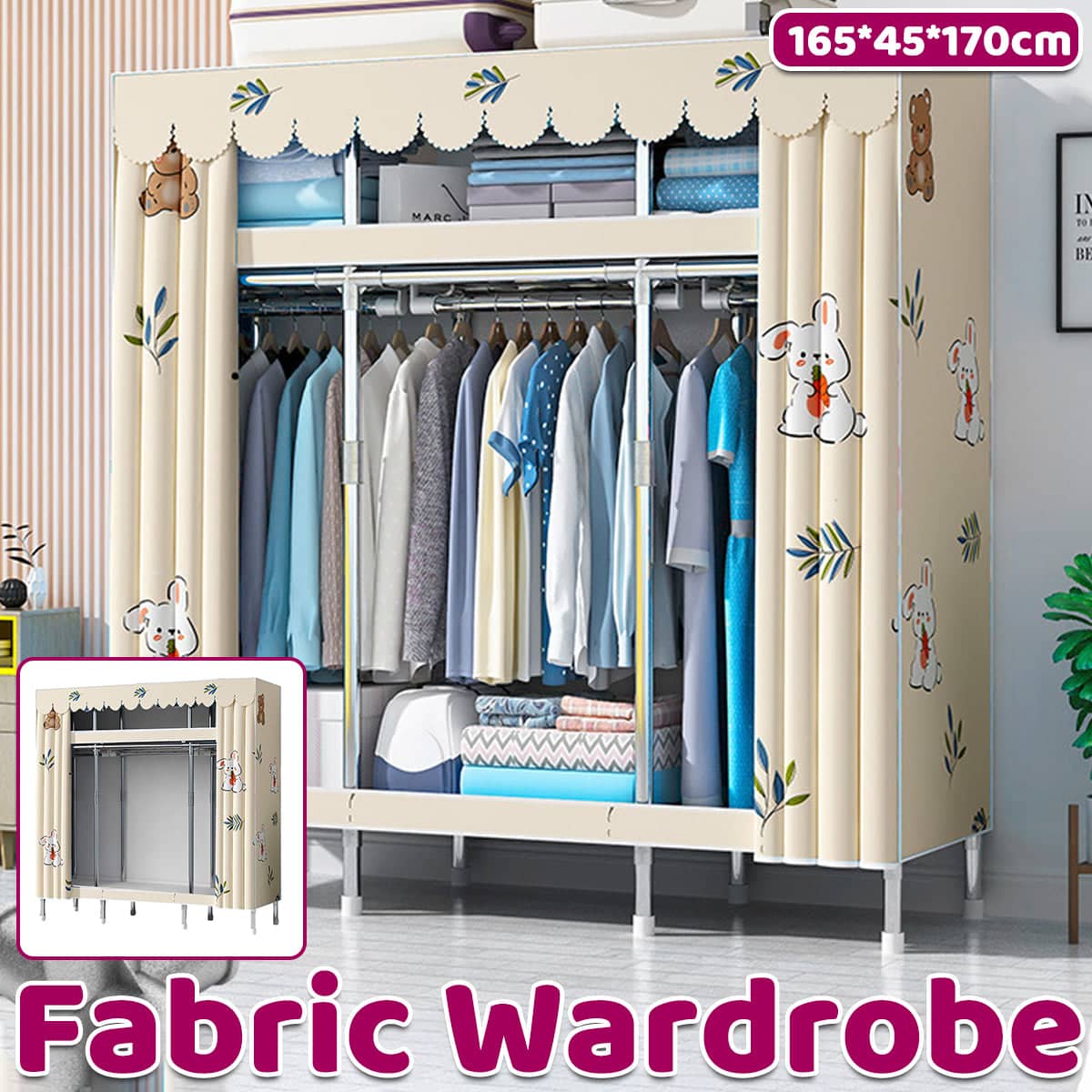 Fabric Wardrobe Closet Organiser, Beige with Cartoon Rabbit and Bear Print, 165 x 45 x 170 cm