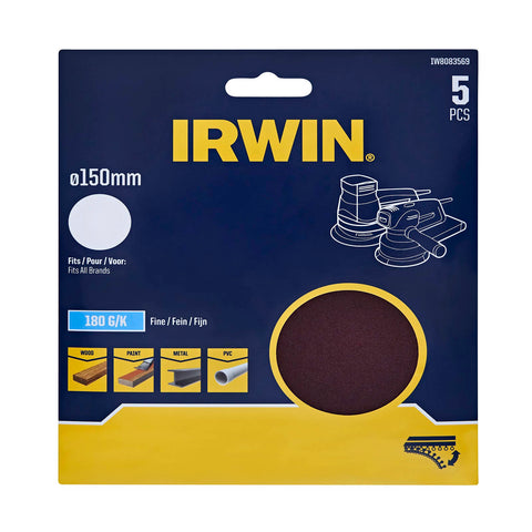 Irwin 150mm 180 Grit No-Hole Quick Fit Orbital Sanding Discs - 5 Pack
