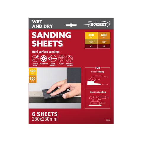 Rocket 400/600 Grit Wet & Dry Sanding Sheets - 6 Pack, for Metal & Auto