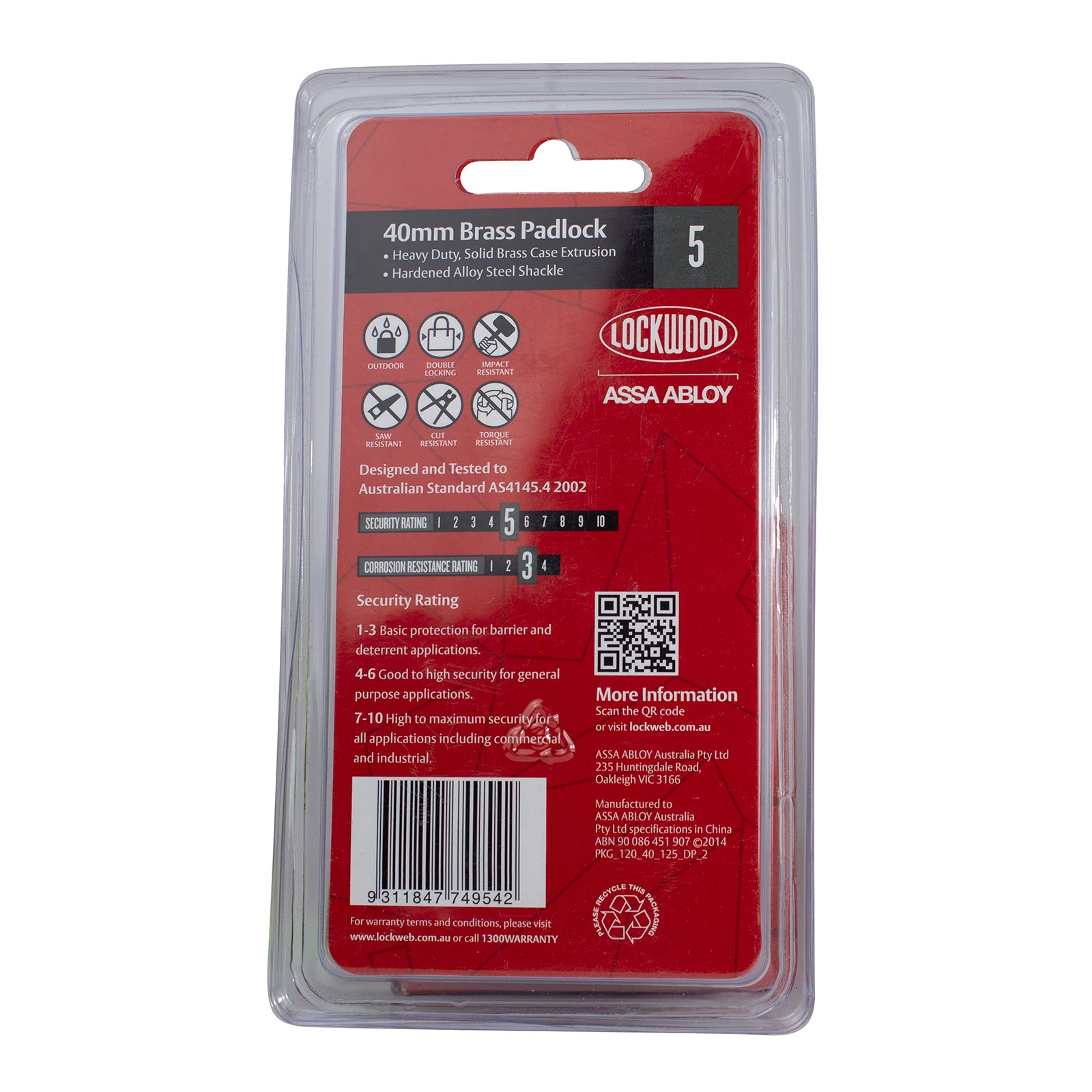 Lockwood 40mm General Purpose Solid Brass Padlock