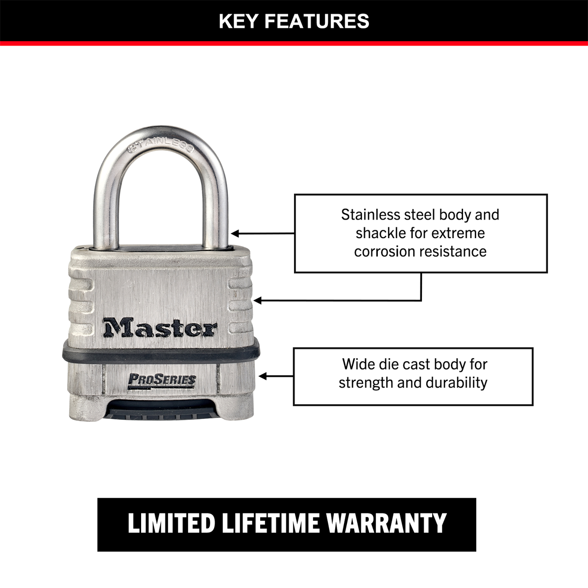 Master Lock 57mm Stainless Steel Combination Padlock Resettable