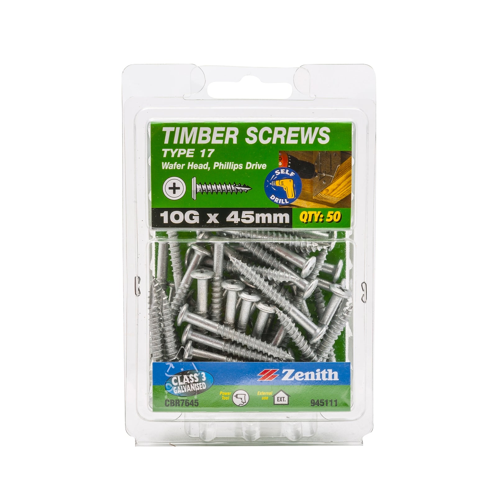 Zenith 10G x 45mm Galvanised Type 17 Wafer Head Timber Screws - 50 Pack