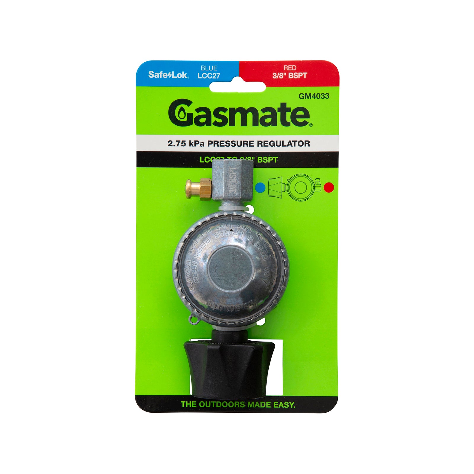 Gasmate 2.75 kPa Pressure Regulator LCC27 to 3/8" BSPT Cylinder Connector