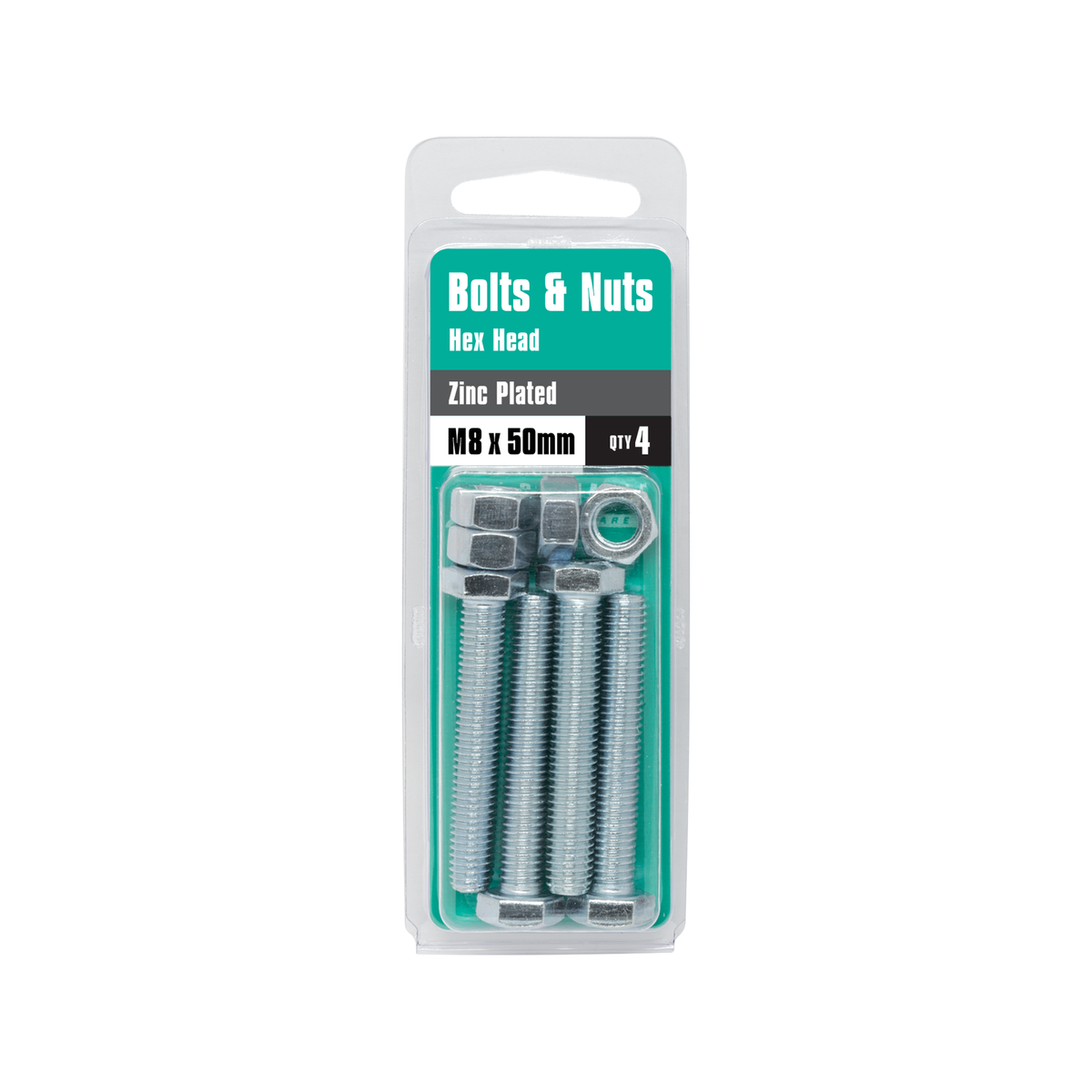 Pinnacle M8 x 50mm Zinc Plated Hex Head Bolts and Nuts - 4 Pack