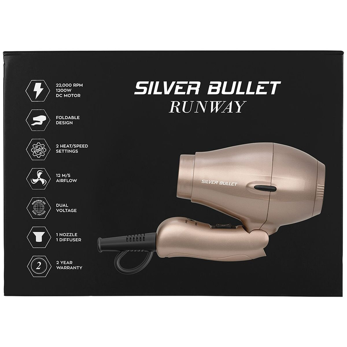 Silver Bullet Runway Foldable Travel Hair Dryer 1200W - Champagne, 12m/s Airflow, Dual Voltage - 900423