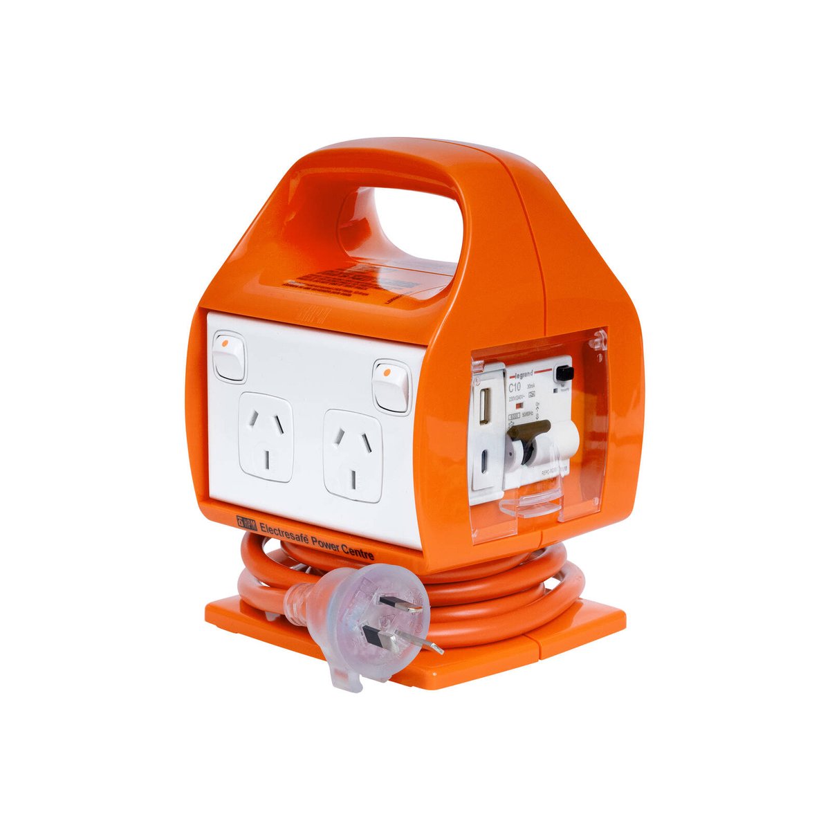 HPM Worksite Orange Plastic Portable Powerboard 10A 2400W USB Type A and C REPC410USBAC
