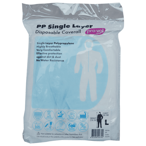 Pro-Val PP Single Layer Disposable Coverall Large Dust Resistant Breathable
