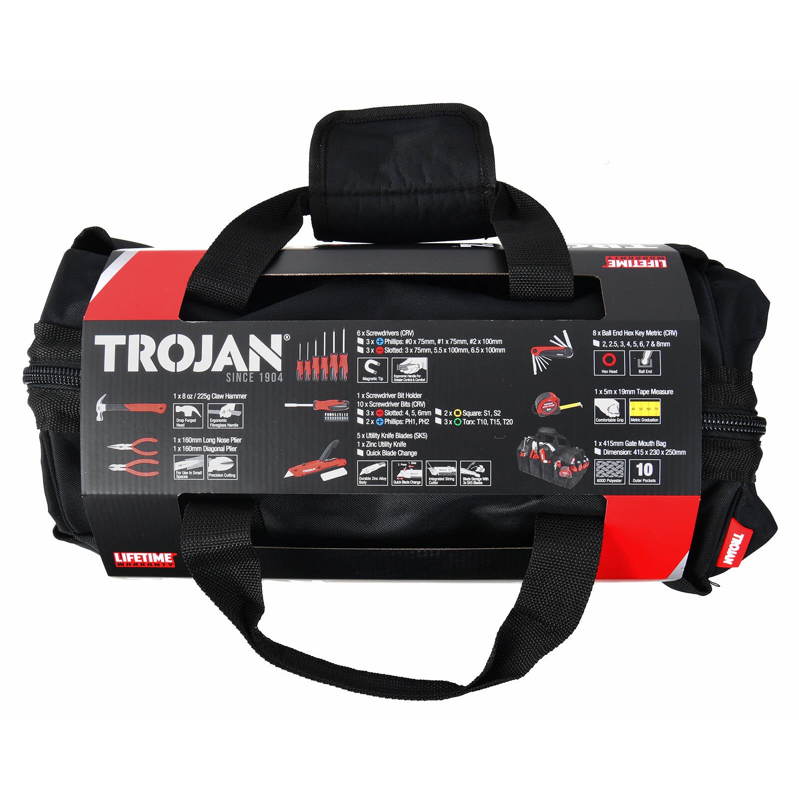 Trojan 35 Piece Tool Kit with Storage Bag, Claw Hammer, Pliers, Screwdriver Bits and Utility Knife
