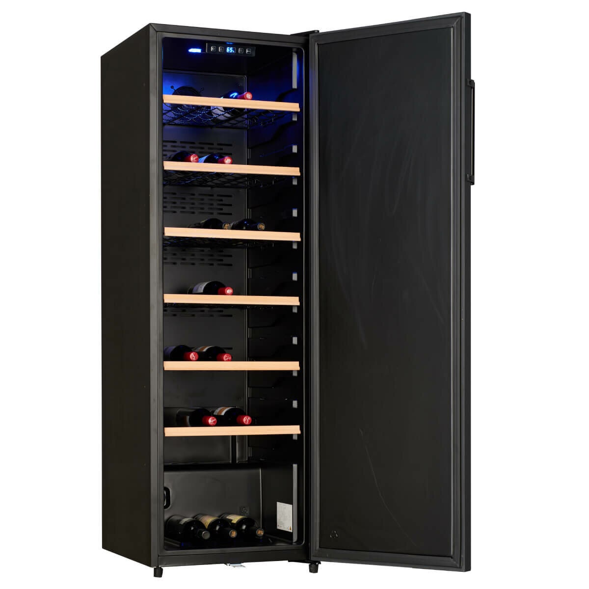 LeCavist 168 Bottle Single Zone Ageing Wine Fridge - Black, Five Steel Shelves with Wood Trim - LKV168PNDX