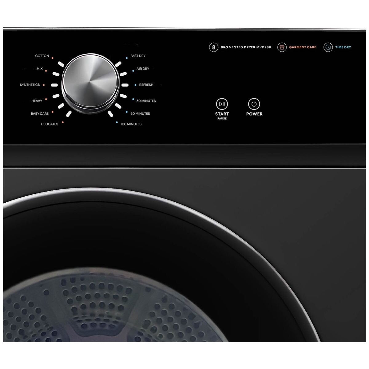 Mykin 8kg Vented Dryer - 12 Drying Programs, Reverse Tumble, Wall Mountable, Black - MVD28B