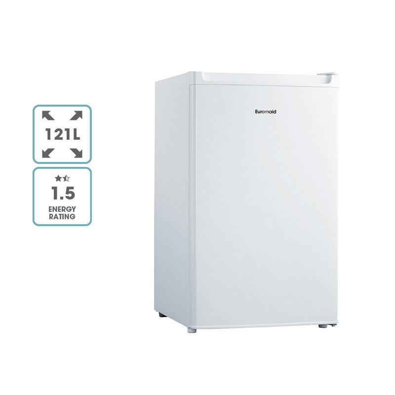 Euromaid 121L bar fridge - white cabinet and facia, freezer compartment, vegetable crisper - EBF126W