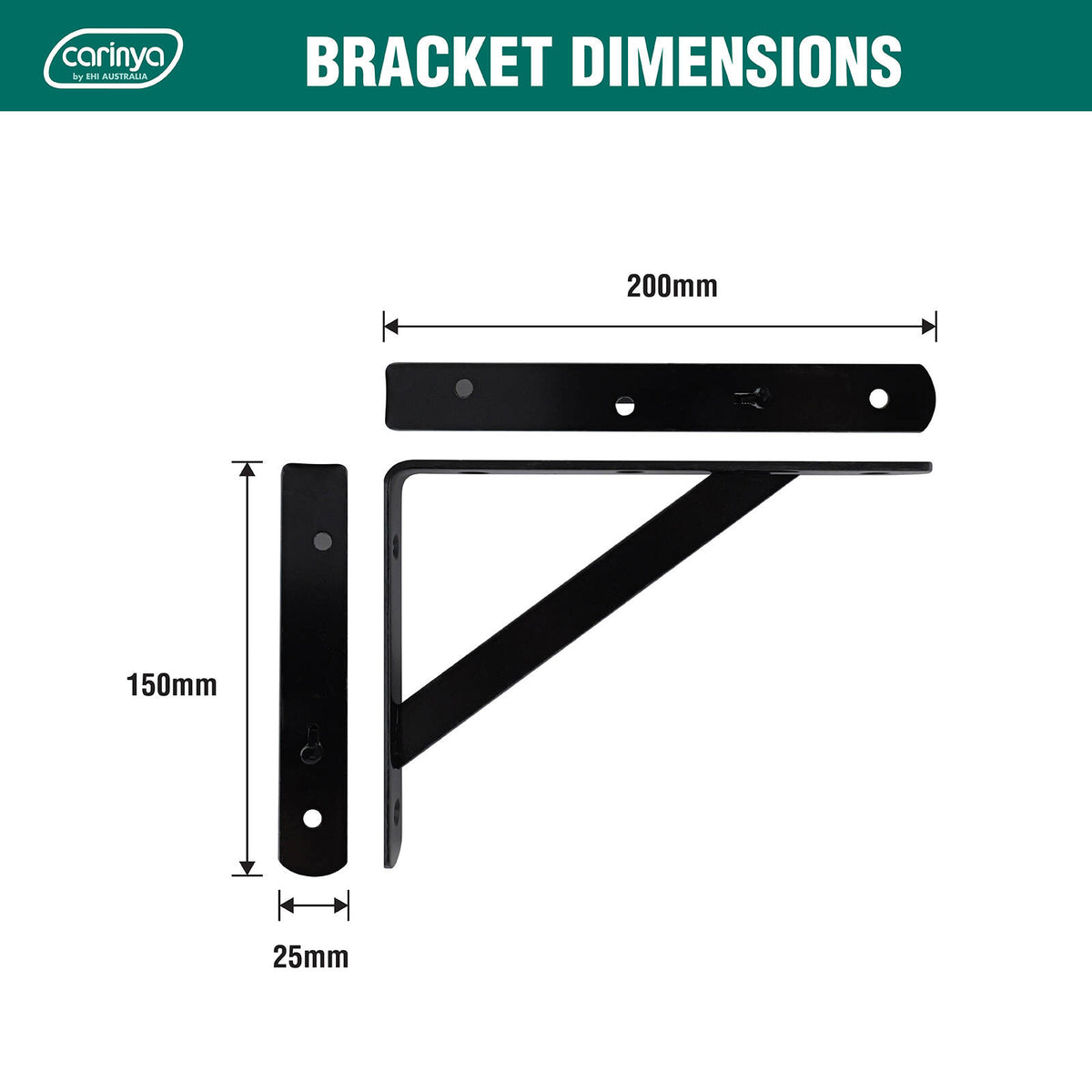 Carinya 200 x 150mm Black Heavy Duty Straight Stayed Bracket, Powder Coated Steel, 225kg