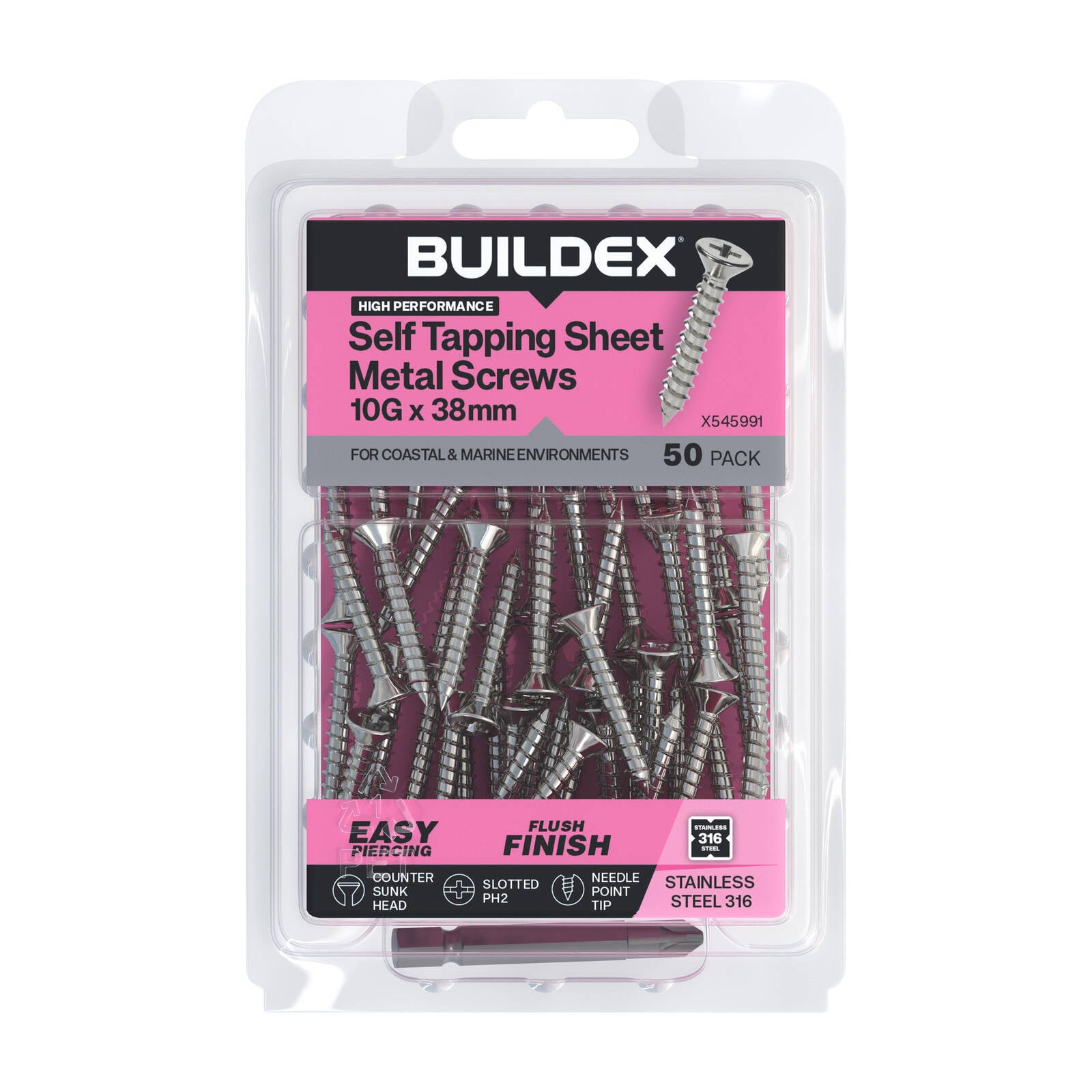 Buildex 10G x 38mm SS316 Self Tapping Sheet Metal Screws Countersunk - 50 Pack